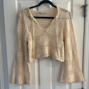 Zara Cream Open Knit V-Neck Cropped Top with Bell Sleeves